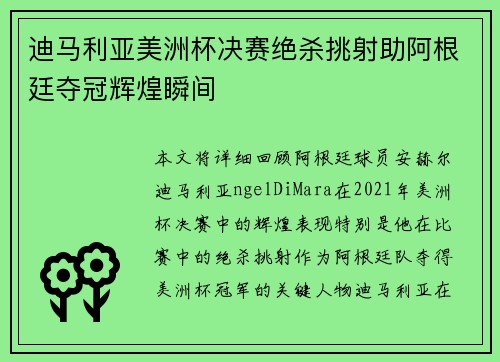 迪马利亚美洲杯决赛绝杀挑射助阿根廷夺冠辉煌瞬间